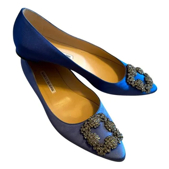MANOLO BLAHNIK | Hangisi Crystal-Buckle Satin Flat 38.5 8.5 BLUE - Picture 7 of 16